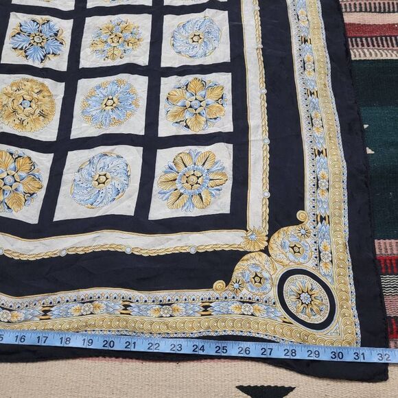 Vintage Handrolled Luxurious 100% Silk Scarf 32"x31" Black Gold Blue Made Italy